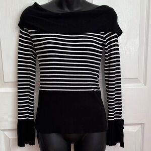 Off the shoulder sweater black and white stripe pleated bell sleeve NY&Co Size S
